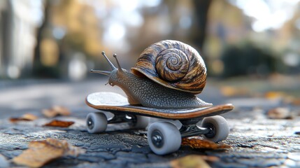 A snail rides a skateboard on a path in a park.