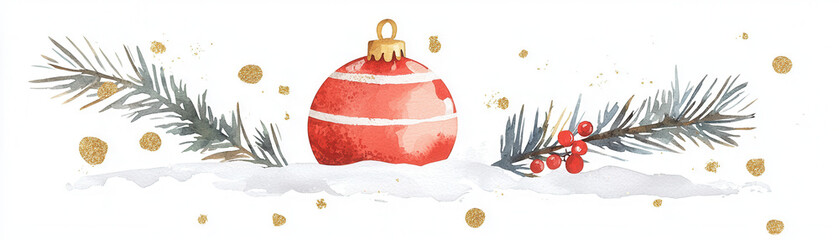 Obraz premium A festive red ornament surrounded by pine branches and snow, perfect for celebrating the holiday season.
