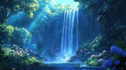 Lush tropical waterfall cascades into a serene pool with vibrant flora.