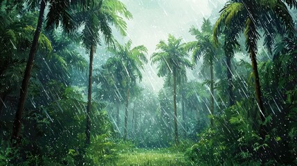 Naklejka premium Lush tropical rainforest with palm trees and heavy rain.