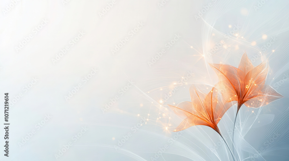 Poster serene abstract design featuring delicate orange flowers with soft swirls and sparkles, creating cal