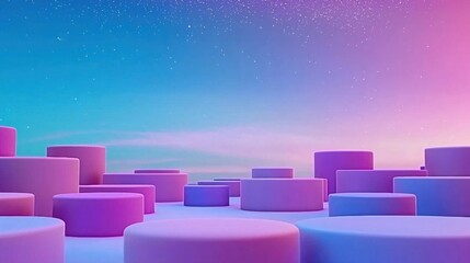 Obraz premium Explore a surreal path of floating shapes and vibrant colors under a calming sky, symbolizing the journey to mental well-being. 