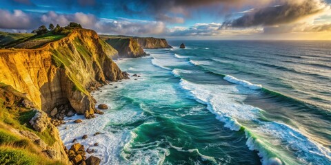 Fototapeta premium Dramatic view of steep cliff overlooking the crashing waves of the Pacific Ocean, Big Sur, California, rugged, coastline