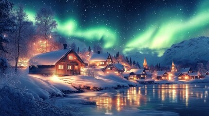 Fototapeta premium Aurora's Embrace: Nordic Village Serenity