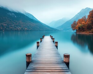 Fototapeta premium Peaceful wooden pier leading out into a calm lake