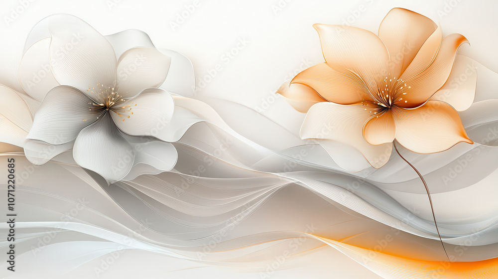 Poster elegant abstract design featuring silver and copper flowers with flowing lines. soft colors and deli