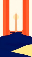 Stylized depiction of an iconic landmark with vibrant colors and a minimalistic landscape at sunset. Generative AI