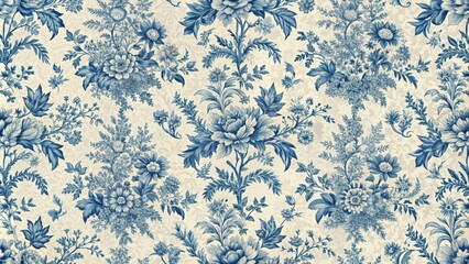 French toile inspired blue pattern on light beige background seamless pattern, French