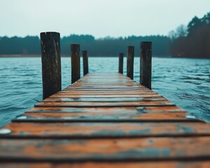 Fototapeta premium Peaceful wooden pier leading out into a calm lake