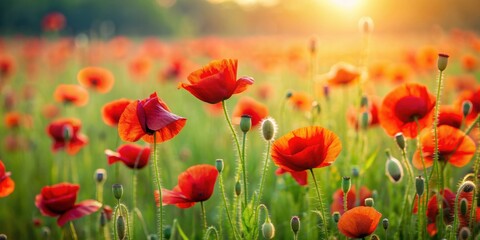 Fototapeta premium Field of red poppies in a green meadow, poppies, red, flowers, field, nature, meadow, green, vibrant, colorful, landscape