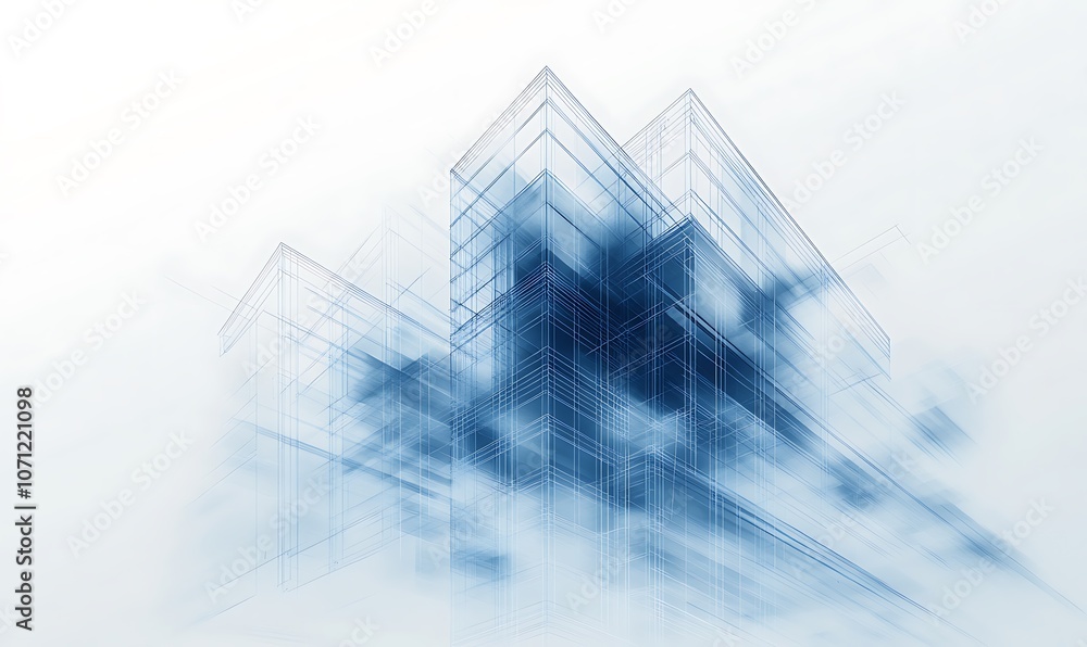 Poster abstract blue digital design with a misty, distorted effect, suggesting a futuristic architectural t