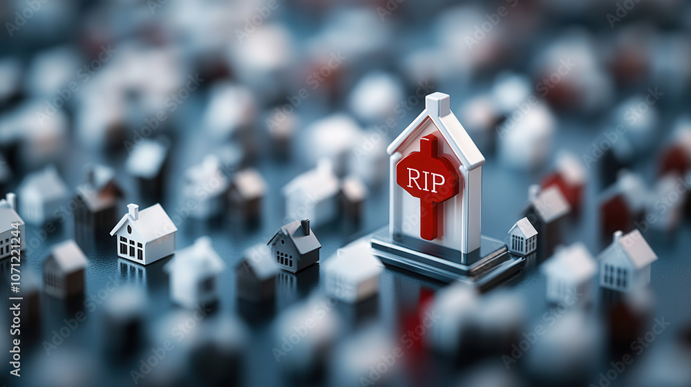 Poster tiny red pin icon marks cemetery with gravestone and houses surrounding it, creating somber yet intr