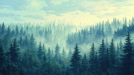 Obraz premium Misty morning forest with evergreen trees.