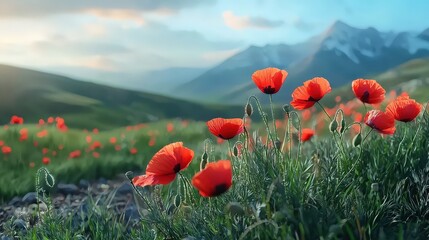 Red poppies covering a hillside with mountains in the background