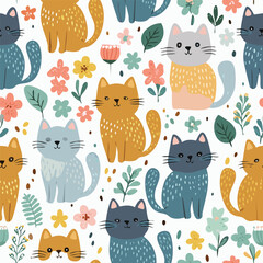 Cute cat hand drawn seamless pattern
