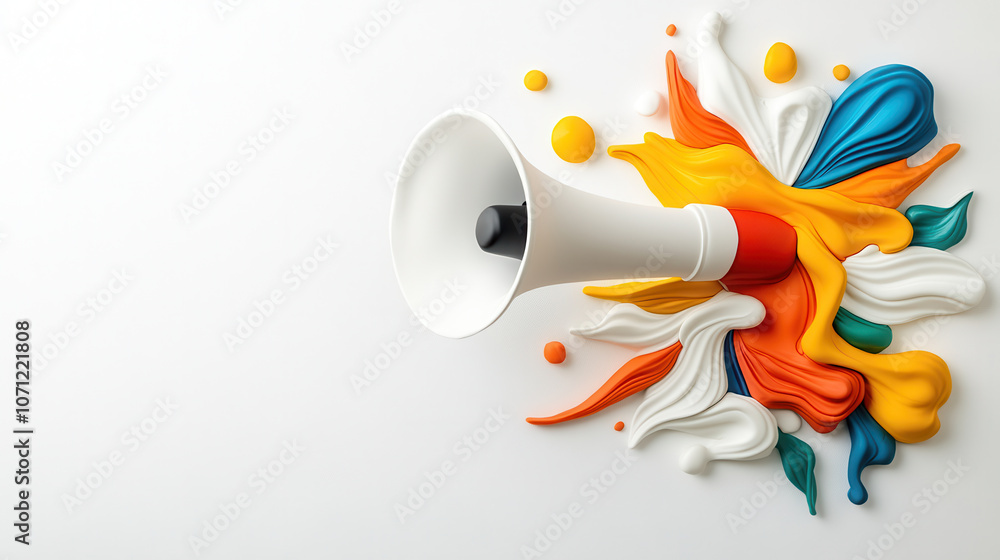 Poster exaggerated and colorful 3d plasticine megaphone with vibrant splashes. this artistic representation