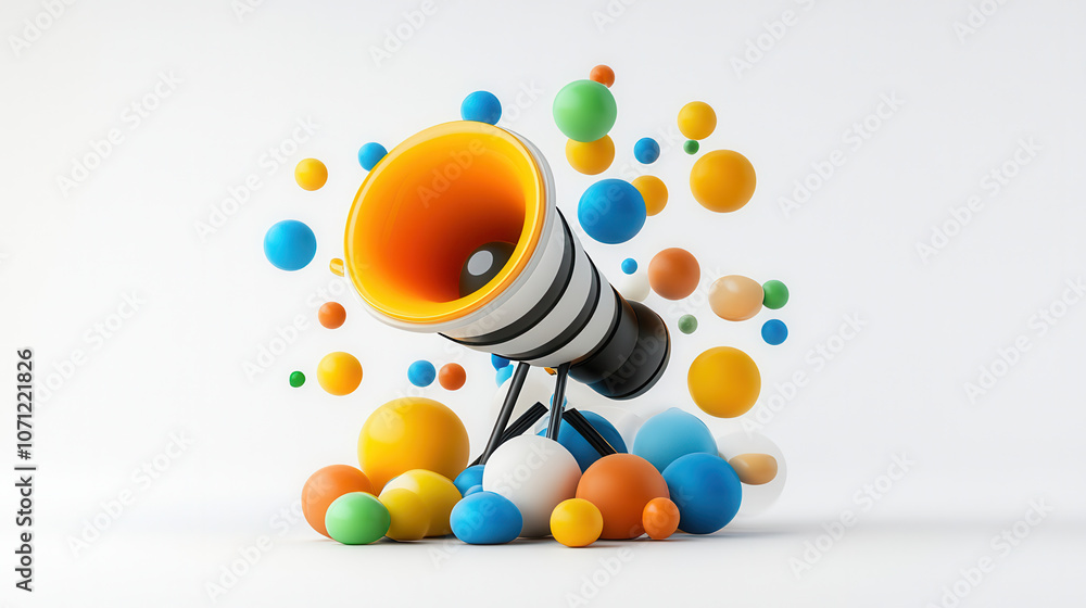 Poster exaggerated and colorful 3d plasticine megaphone surrounded by vibrant spheres, creating playful and