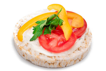 Vegan Rice Cake Sandwich with Fresh Tomato, Yellow Paprika and Greens - Isolated on White Background. Vegetarian Diet Food. Quick and Healthy Sandwiches. Crispbread with Fresh Fillings. Dietary Snack