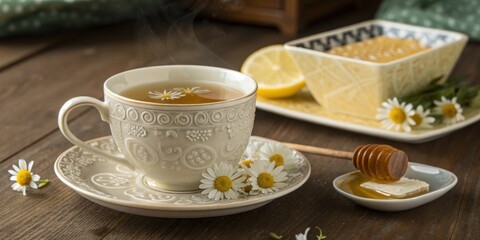 Fototapeta premium A closeup of a delicate teacup filled with chamomile tea accompanied by a small dish of honey and a lemon wedge on a wooden table.