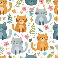 Cute cat hand drawn seamless pattern