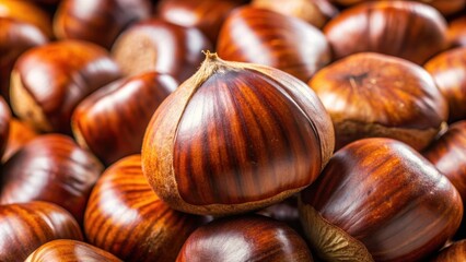 A close-up stock photo of a shiny, brown chestnut, nut, food, fall, autumn, seasonal, harvest, healthy, organic, snack, forest
