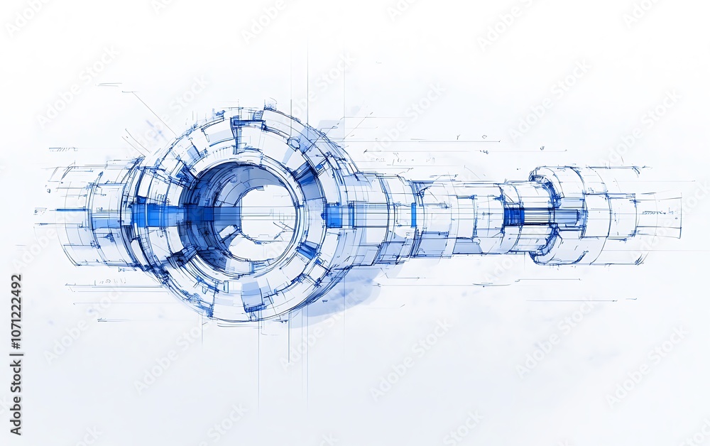 Leinwandbilder A geometric blueprint design featuring circular and linear elements with a blue color scheme, illustrating a futuristic mechanical concept.