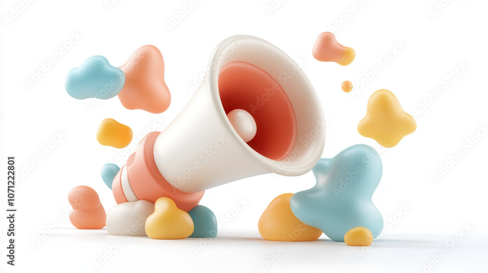 Poster playful and colorful plasticine megaphone surrounded by vibrant shapes, creating fun and dynamic atm