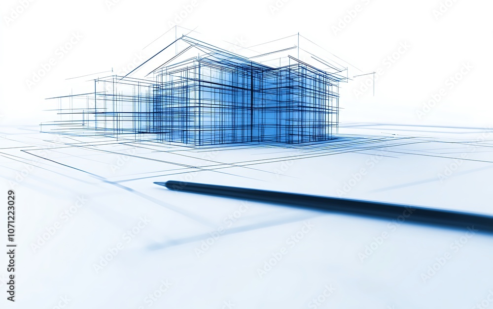 Fototapete a blueprint of a modern house, featuring intricate lines and structures, set against a minimalistic 