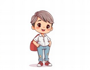 cartoon boy with a backpack standing and smiling.