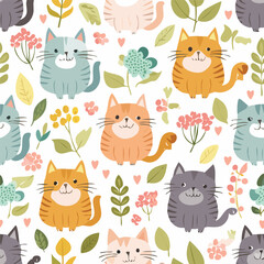 Cute cat hand drawn seamless pattern