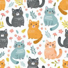 Cute cat hand drawn seamless pattern