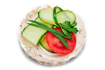 Vegan Rice Cake Sandwich with Fresh Tomato, Cucumber and Greens - Isolated on White Background. Vegetarian Diet Food. Quick and Healthy Sandwiches. Crispbread with Fresh Fillings. Dietary Snack