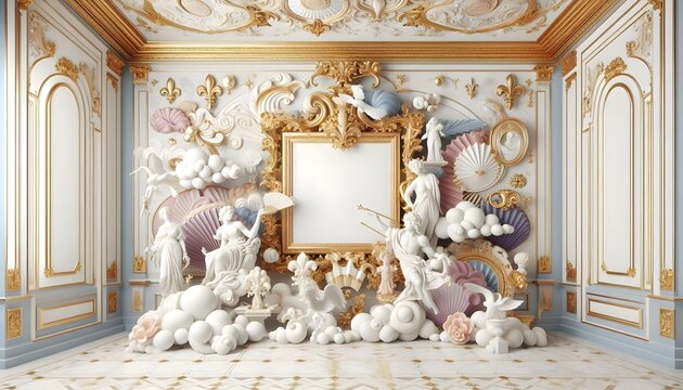 Naklejki A 3d rendered design that highlights the grandeur of France’s Renaissance period, with elements of baroque art and classic sculptures. Marble statues, elaborate golden frames.
