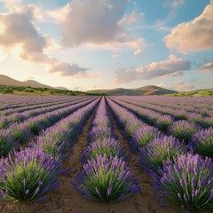 Fototapeta premium Rows of purple lavender with a distant sunset