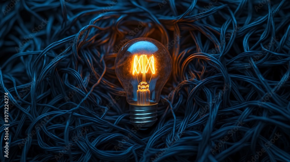 Poster a single lit incandescent light bulb amidst a tangle of wires, symbolizing finding a solution amidst