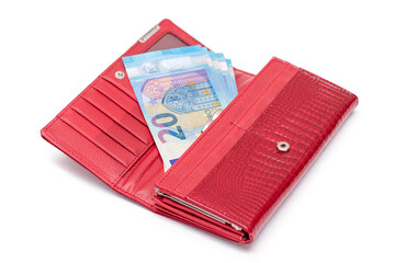 Opened Red Women Purse with 20 Euro Banknotes Inside - Isolated on White Background. A Wallet Full of Money Symbolizing Wealth, Success, Shopping and Social Status - Isolation