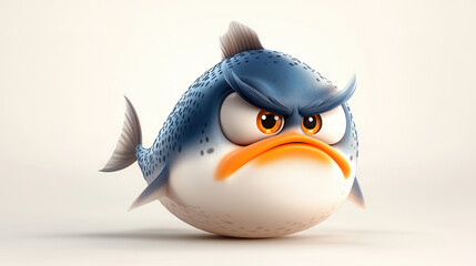 Witty cartoon shark with angry face, featuring round body and sharp fins. This character exudes humorous yet fierce expression, perfect for playful designs