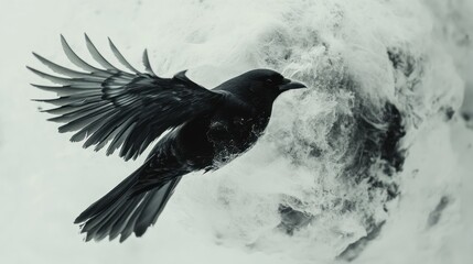 Fototapeta premium Black Crow in Flight Against a Blurry Background