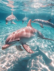 Obraz premium one pale pink dolphins flying out of the sea, peaceful scene, clear and transparent water, dreamy colors, high level of detail, generative ai
