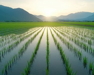Serene rice paddies with mountain backdrop at dawn