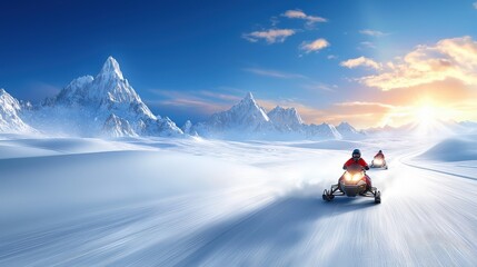 A thrilling scene of snowmobilers speeding across a pristine snowy mountain landscape, showcasing the excitement of winter sports against a backdrop of towering peaks.