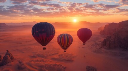 Fototapeta premium Hot Air Balloons Soaring Over the Desert at Sunrise
