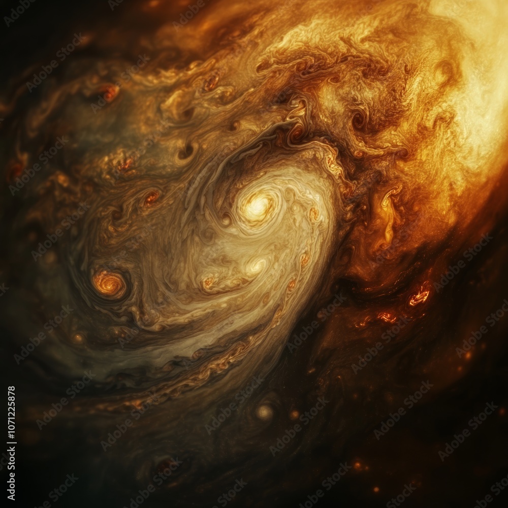 Poster a realistic close-up view of planet jupiter's swirling gas layers with intense colors and textures, 