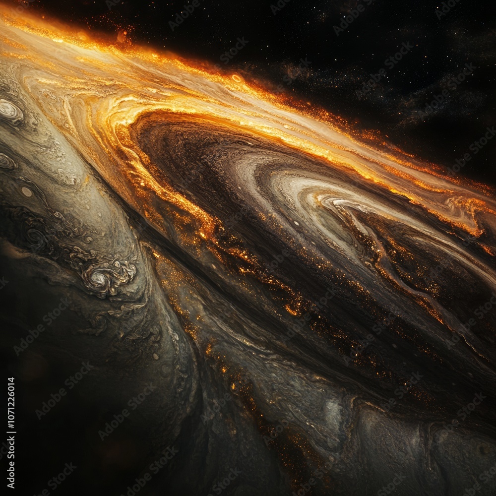 Poster a realistic close-up view of planet jupiter's swirling gas layers with intense colors and textures, 