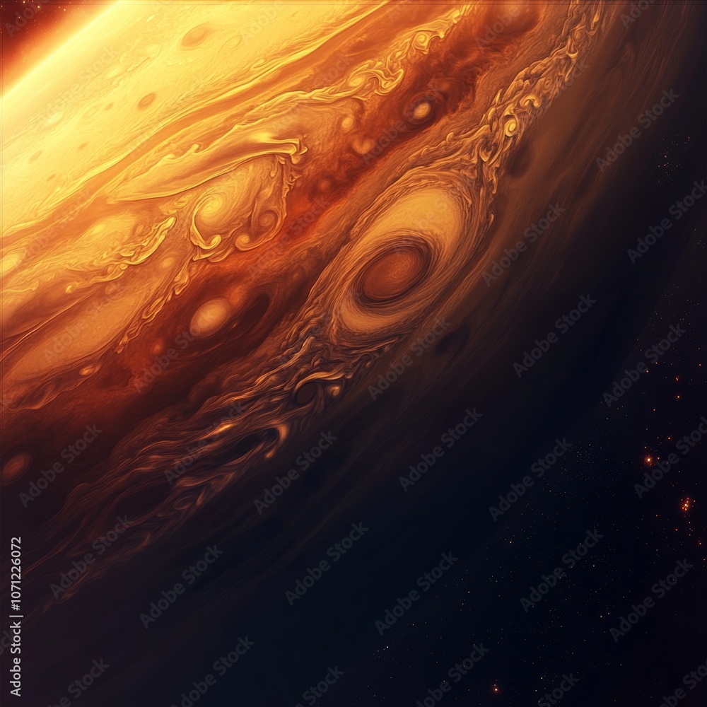Poster a realistic close-up view of planet jupiter's swirling gas layers with intense colors and textures, 