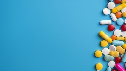 Assorted pills and capsules scattered on a blue background.