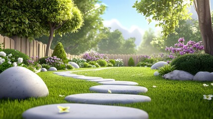 Fototapeta premium Carefully landscaped garden with seasonal flowers, decorative rocks, and structured plant arrangements.