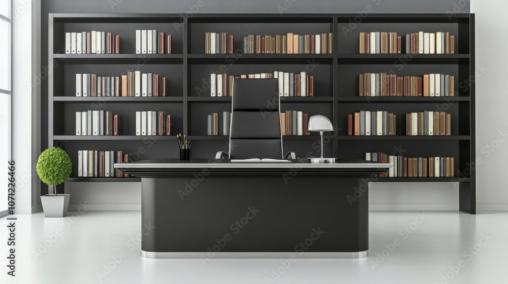 Poster modern office workspace with bookshelf and desk