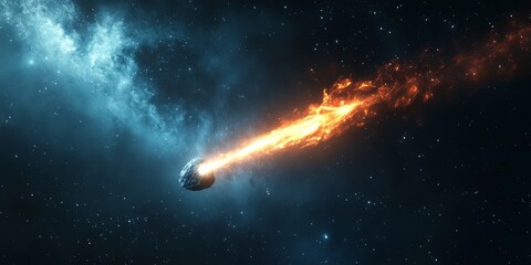 Fototapeta premium A realistic depiction of a comet with a glowing tail, streaking across the vastness of space