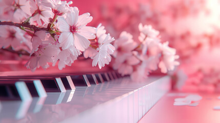 Delicate pink cherry blossoms rest on a piano keyboard, creating a beautiful and harmonious scene.